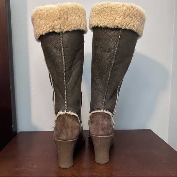 UGG Brown Sandra Leather and Shearling Wedge Knee-High Boots, Sz 9 - Picture 4 of 13